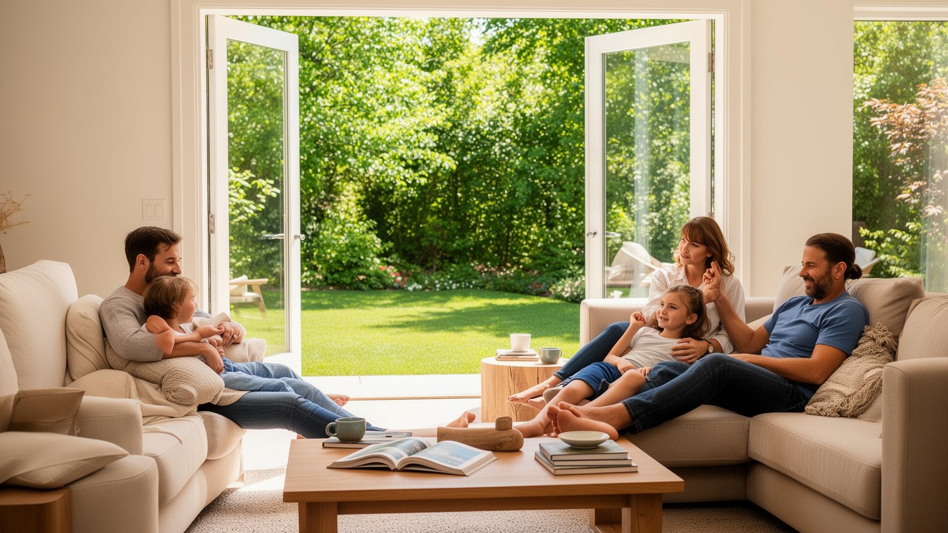 Canadian family relaxing at home beside a green summer backyard