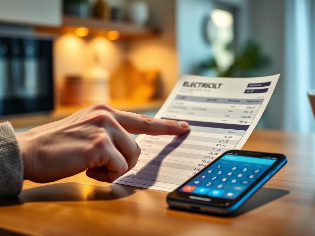 Hand pointing at a printed electricity bill on a kitchen counter