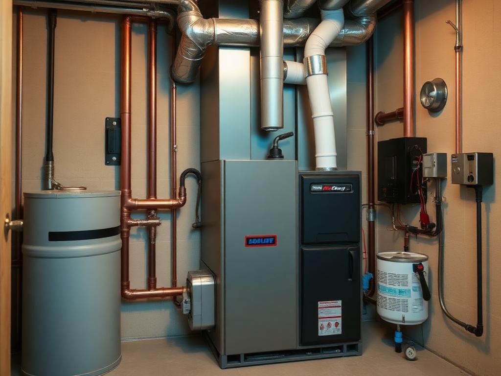 High-efficiency residential furnace in a clean basement utility room