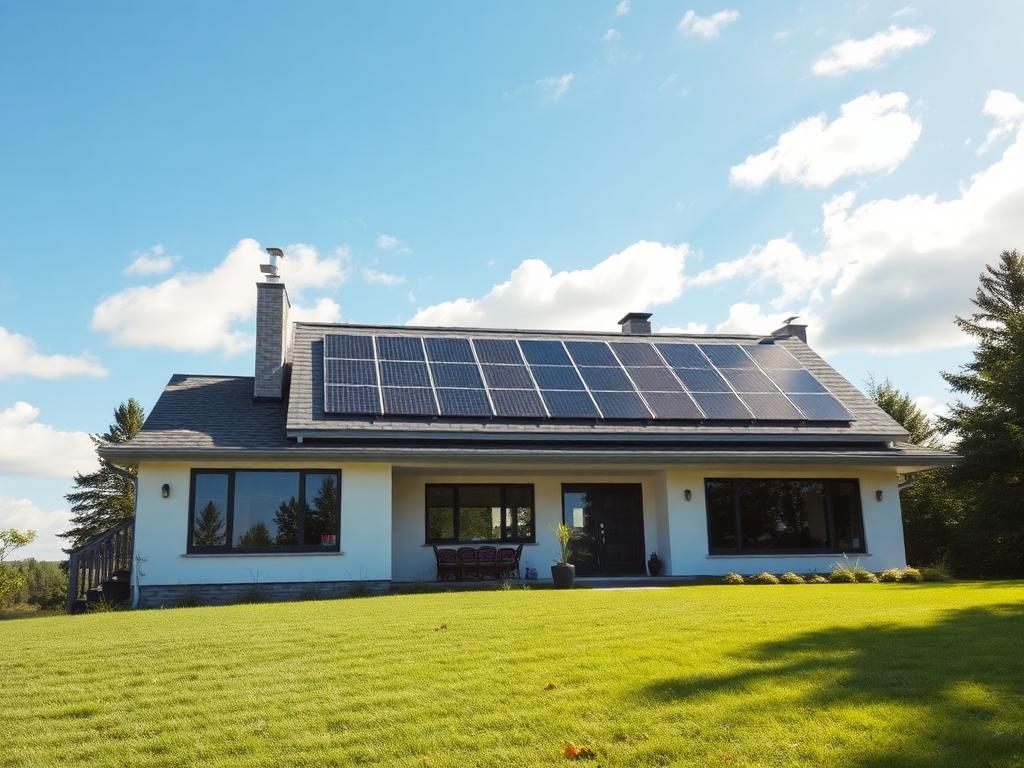 Modern Canadian home with solar panels on the roof on a sunny day