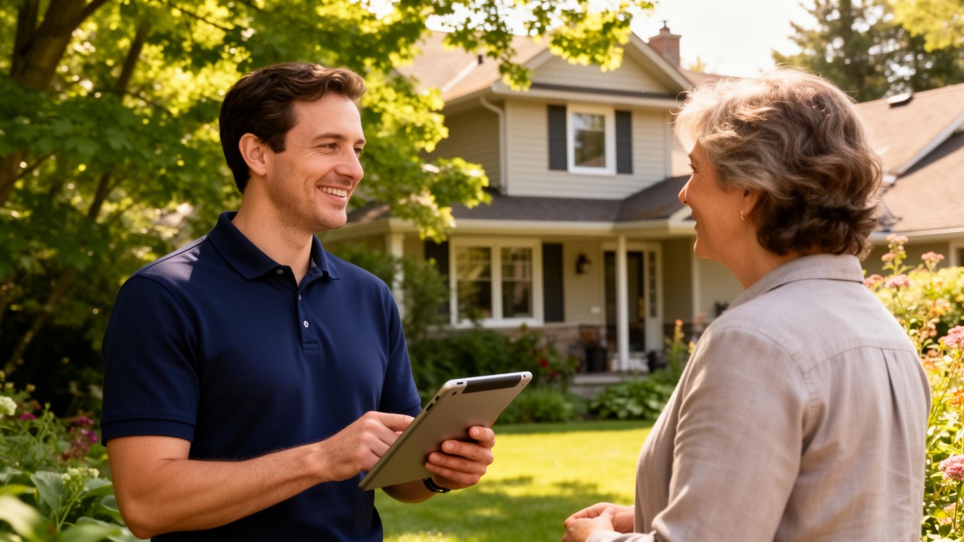 Home energy advisor meeting a homeowner outside in summer