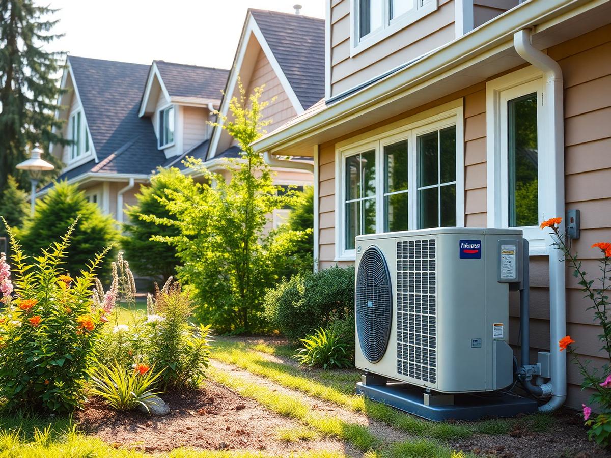 Modern heat pump beside a Canadian home in summer