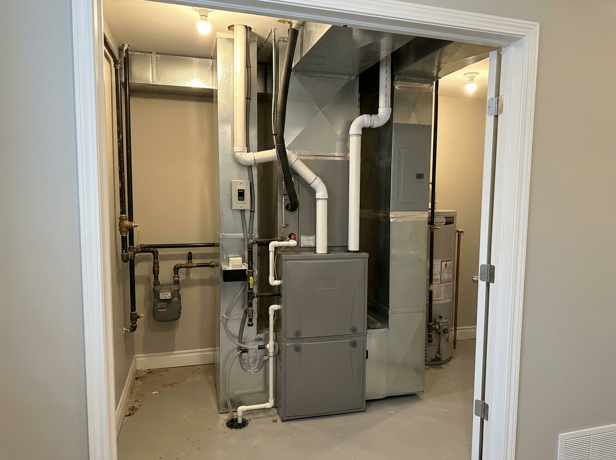 High-efficiency furnace with realistic ductwork and venting in a residential mechanical room