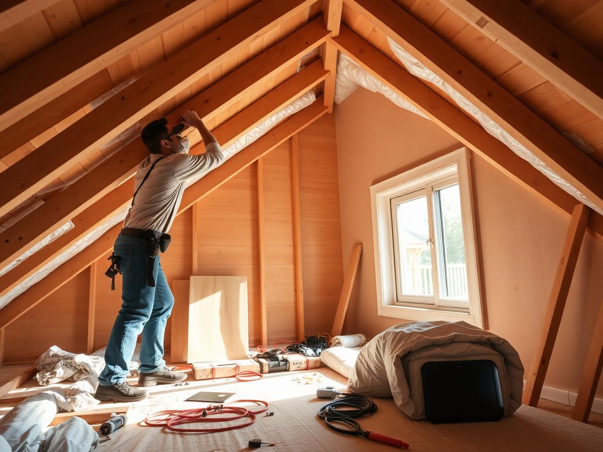 Professional installing insulation in a bright residential attic