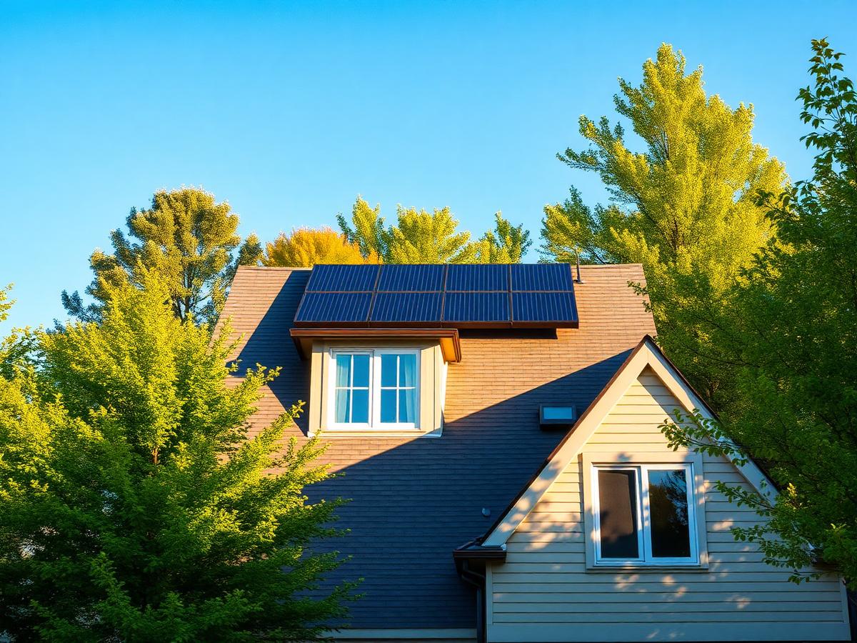 Solar panels on a Canadian home surrounded by green summer trees