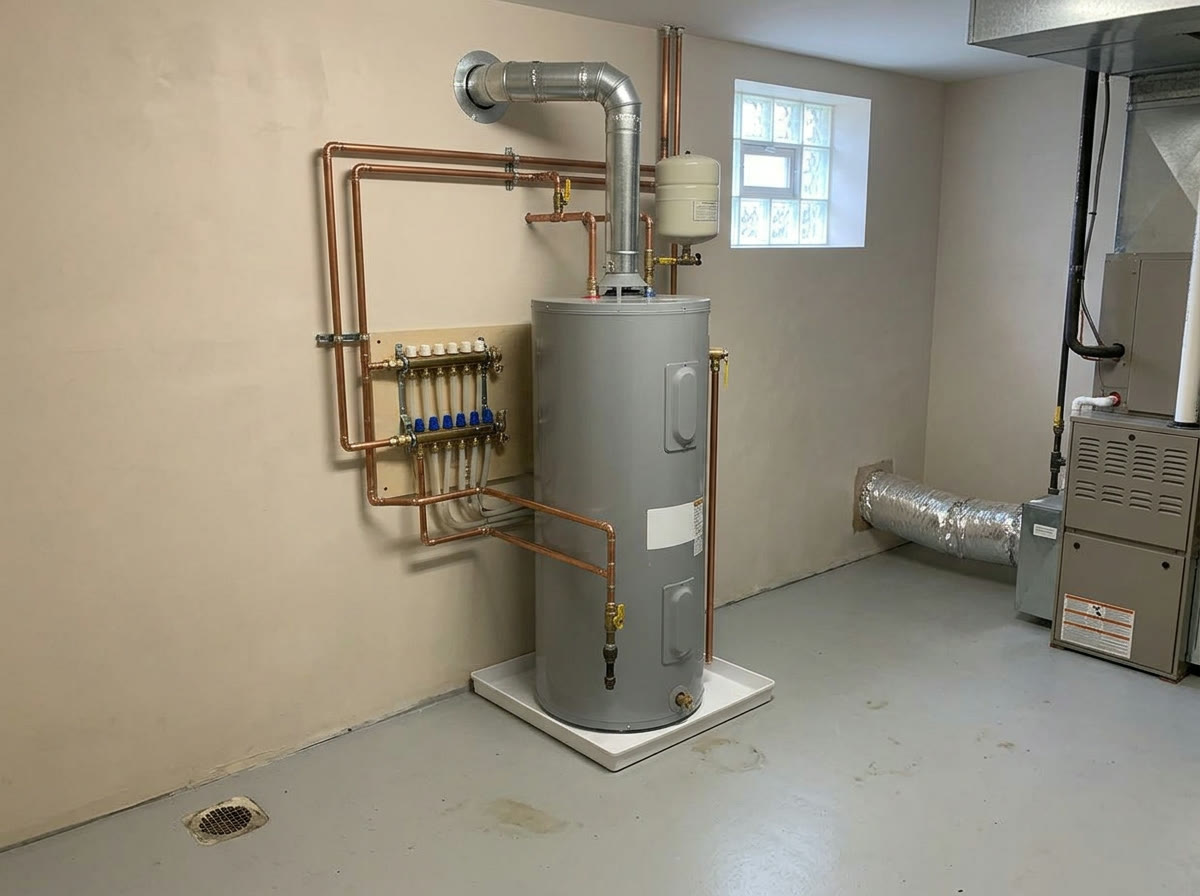 Residential water heater with copper plumbing and venting in a basement mechanical room